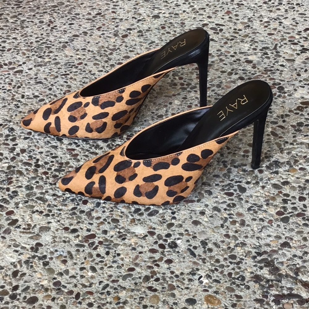 Women’s RAYE Mule High Heel Calf Hair Slip On Leopard Animal Print Size 8.5